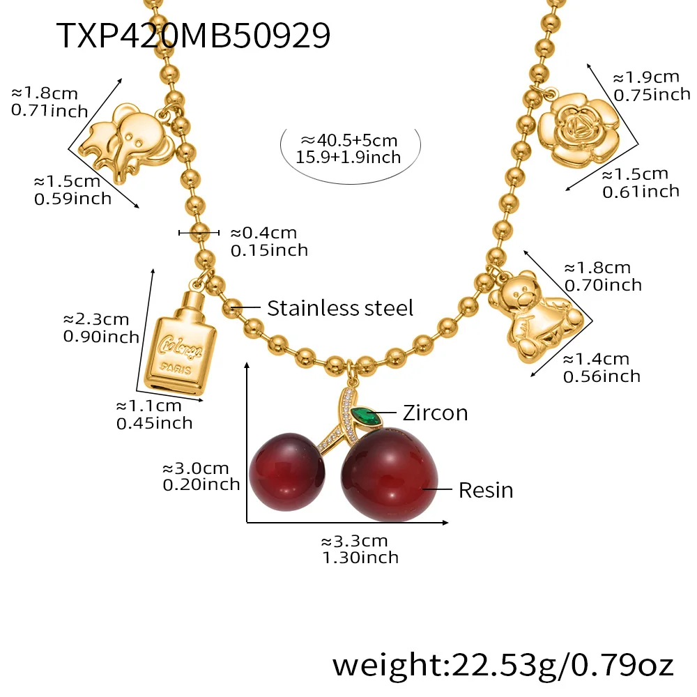 Süße rote Harz Kirsche Anhänger Halskette Edelstahl vergoldet Kette Armband Tropfen Ohrringe Damen Luxus Schmuck Set – Detail 1