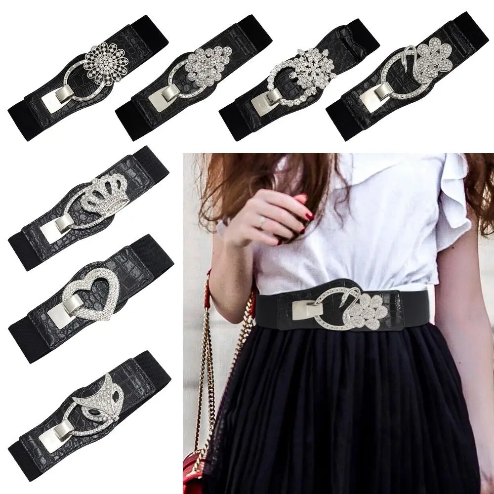 

Women Casual All-match Stretch Wild Skirt Bands Crystal Buckle Waistband Cinch Waist Belt Ladies Dress Cummerbund