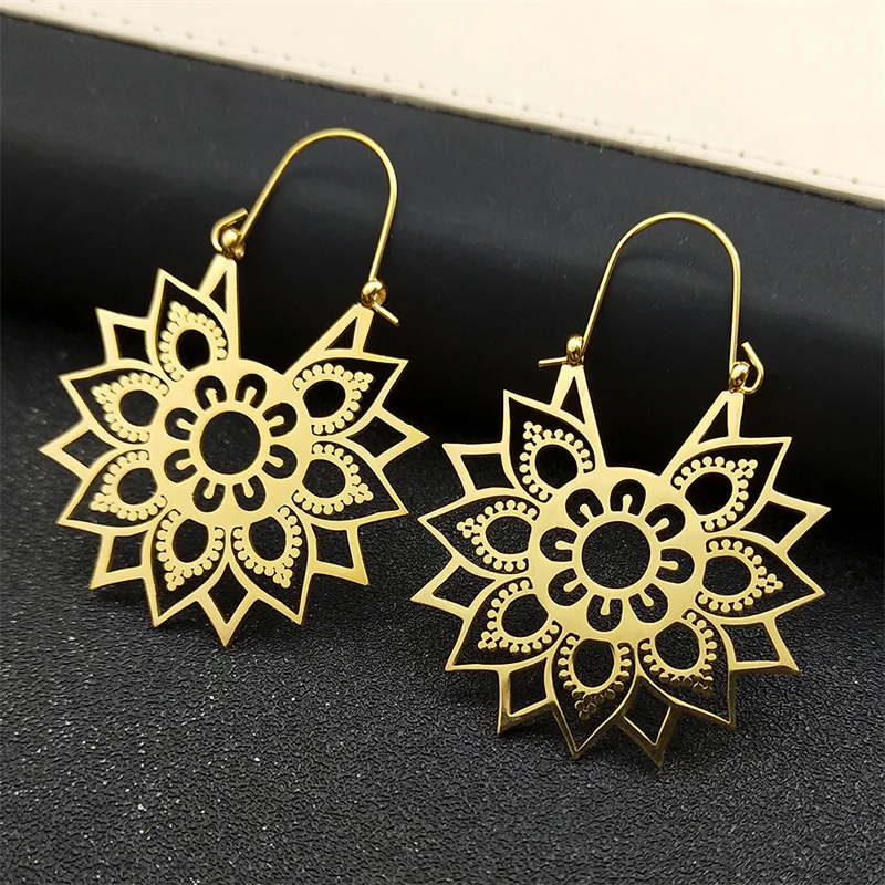 Trendy Yoga Lotus Flower Earrings Stainless Steel Gold Color Hoop Earrings for Women Jewelry boucles d'oreilles E9360S01 - Image 5