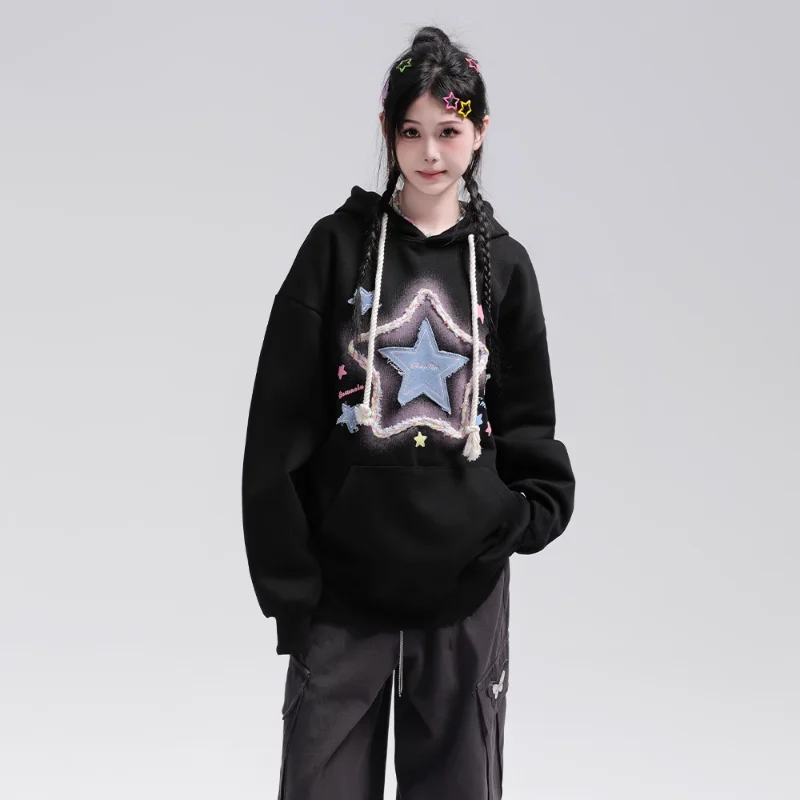 Sudadera con capucha mujer bordado estrella estilo retro americano_voghion.com