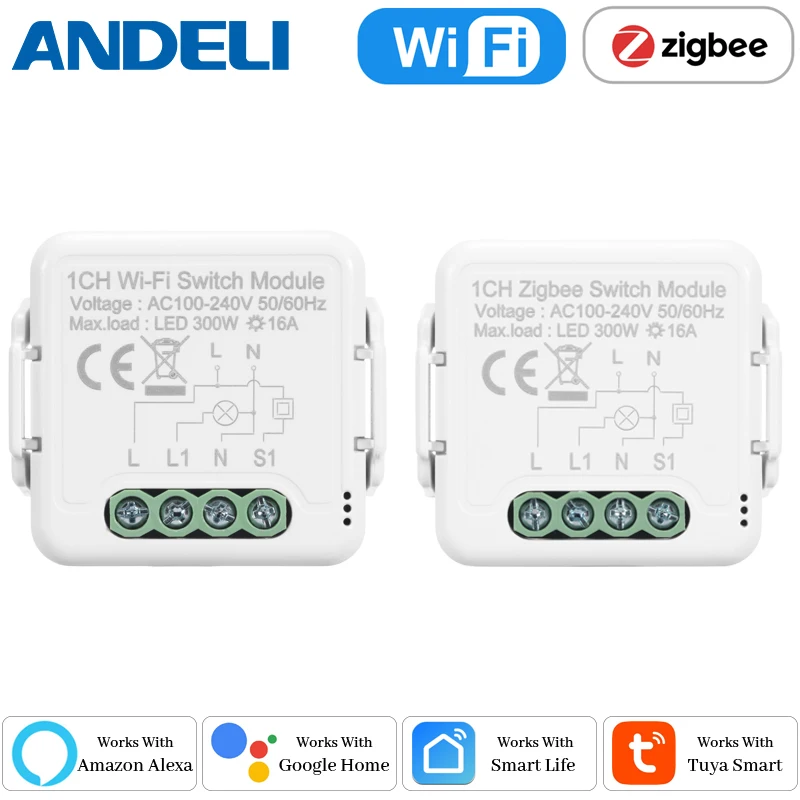 

ANDELI Tuya/Smartlife Wifi Smart DIY Switch Module 16A with Power Monitor Voice Control Work with Alexa and Google Home 1/2 Gang