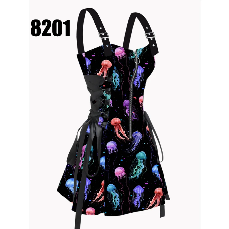 Women Printed Sleeveless Mini Dress Galaxy Octopus Lace Up Half Zipper Adjustable Buckle Strap Sexy Robe For Female