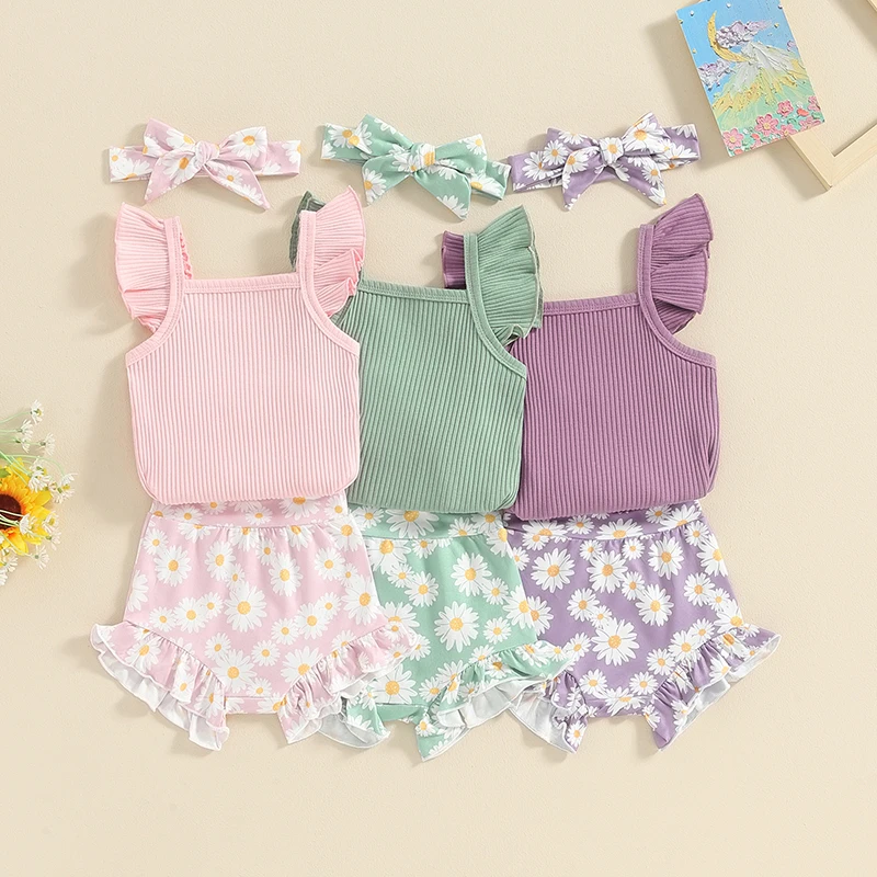 

Baby Girls 3 Pieces Set Solid Color Fly Sleeve Romper with Flower Print Shorts and Hairband Summer Outfit for 0-18 Months