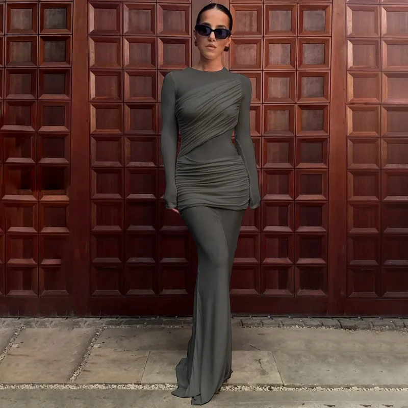 Fashion Mesh Patchwork Maxi Dress Women's Pleated Skinny High Waist Slim See-Through Solid Party Dress Female Long Dress