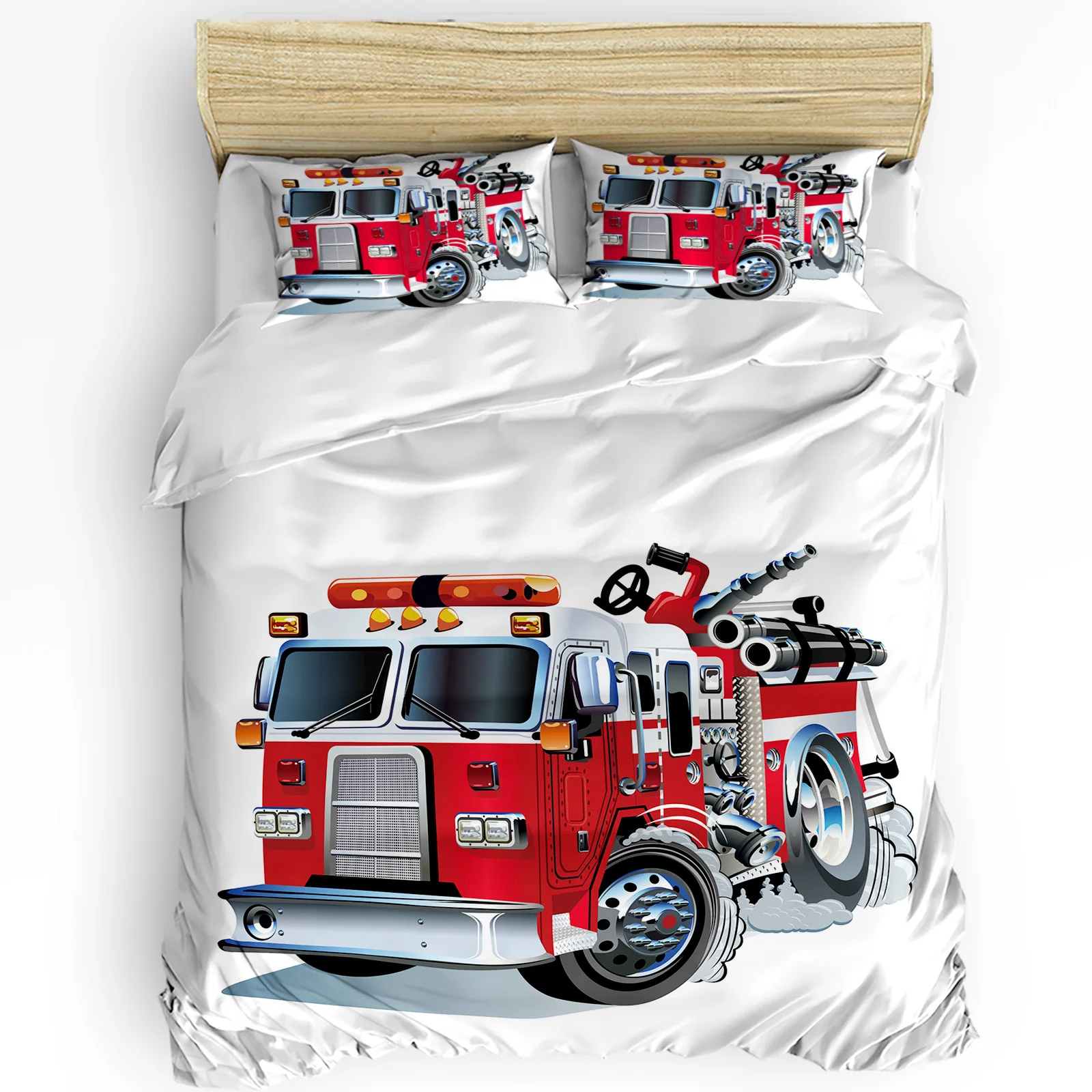 

Cartoon Red Fire Truck White 3pcs Duvet Cover Set with Pillow Case Double Comforter Bedding Set Quilt Cover Couple Bed