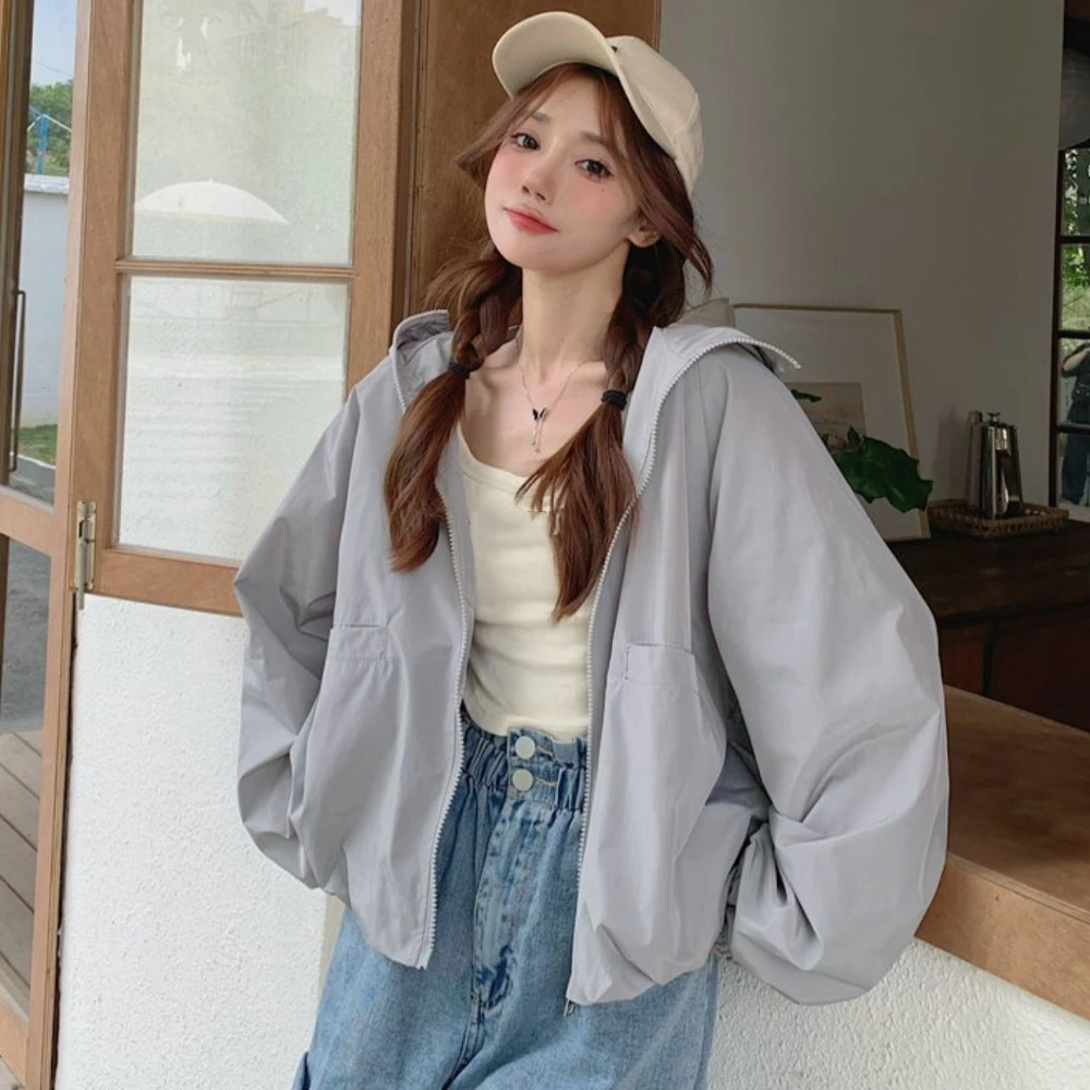 Fashion Loose Sunscreen Coat Women Quick-Drying Solid Color Sun-Protective Tops Out Wear Clothing Hooded Jacket Female