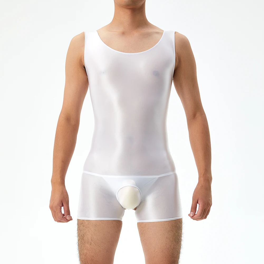 

Mens Shiny Glossy Bodysuit Crotchless Sleeveless Shorts Jumpsuits See-Through Erotic Lingerie Hollow Underwear Sensual Clubwear