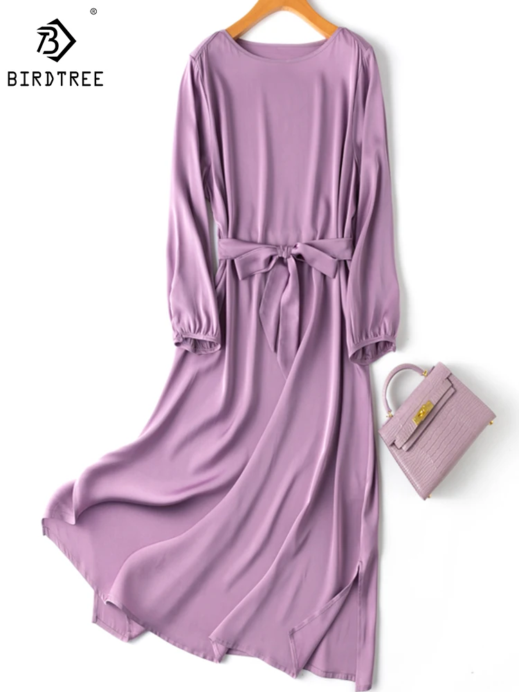 

Birdtree 19MM 93%Mulberry Silk Stretch Double Joe Elegant Dress Straight Neck Solid Color Cropped Sleeve Midi Skirt D30633QD