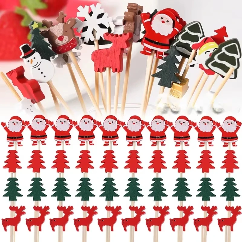 50Pcs Christmas Bamboo Skewer Cocktail Picks Cupcake Topper Disposable Food Dessert Toothpicks Fruit Sticks Party Supplies