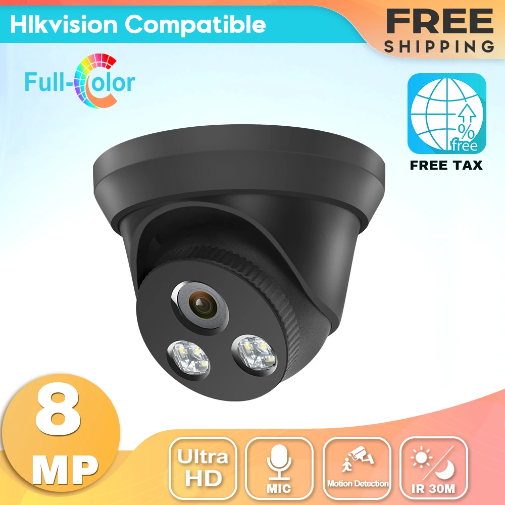 Совместимая с Hikvision черная купольная IP-камера ColorVu 8MP PoE Встроенный микрофон для