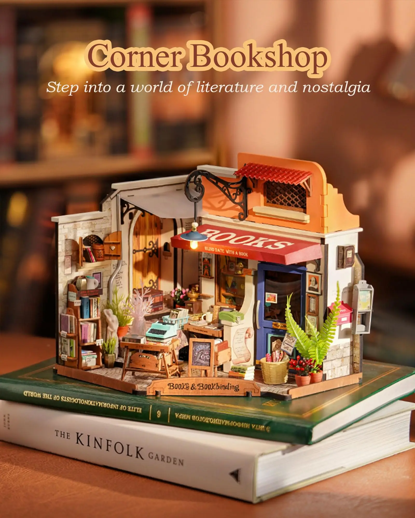 Robotime Rolife Corner Bookstore DIY Miniature House Kit Build Mini House Building Kit with LED Lights Craft Gifts for Kids Girl 2