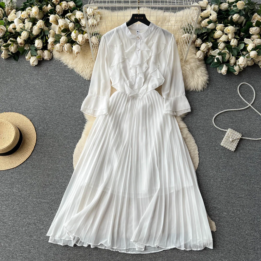 

French Stand Collar Niche Design Pleated Long Dress For Women's Summer New Chiffon Patchwork Waist Close White Dresses