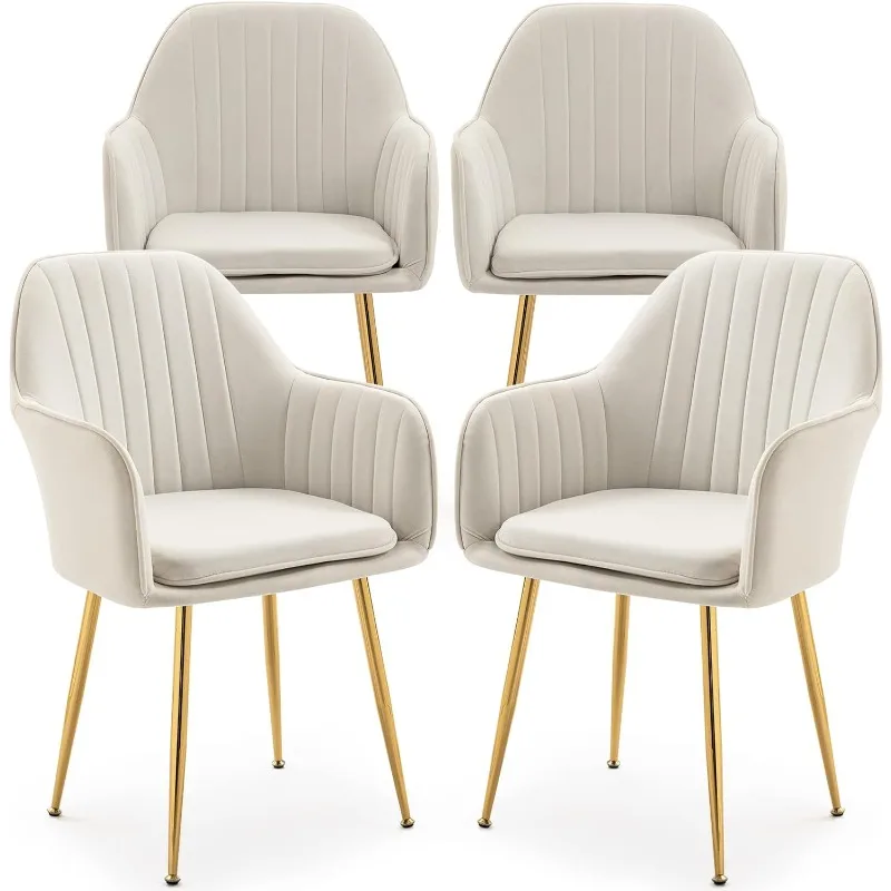 

Modern Living Dining Room Accent Arm Chairs Set of 4, Velvet Mid-Century Upholstered Seat Club Guest with Golden Legs