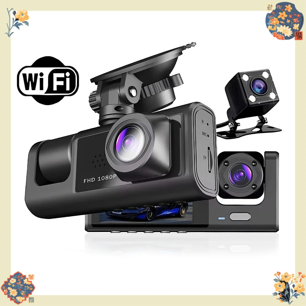 HONG TONG WiFi 3채널 차량용 DVR 블랙박스 차량 내부 카메라 DVR 레코더 FHD 1080P 비디오 미니 레지스터레이터 대시캠 캠코더