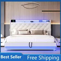 NEW Full Size Lift Up Storage Bed Frame with Charging Station & Led Lights, Upholstered Platform Bed with Button Tufted Wingback 1