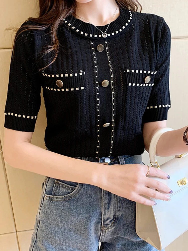 zjaiss White Tshirt Women Summer 2025 Short Sleeve Top Ladies Pockets Basic T Shirts Knitted Casual Clothes Tee Shirt Femme