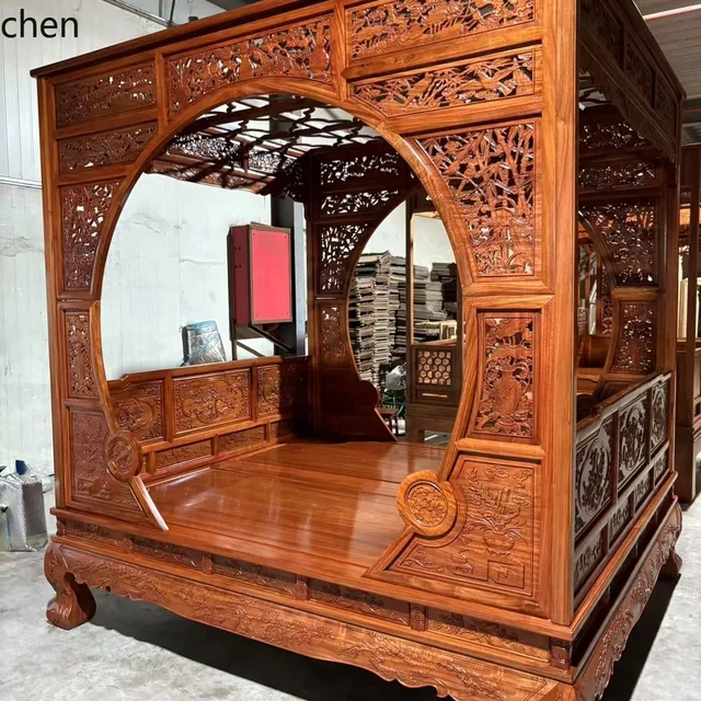 CZ Chinese Style Solid Wood Large Bed Ming Qing Classical Step Bed Rosewood Double Moon Flower Bird Vintage Frame Bed 2 CZ Chinese Style Solid Wood Large Bed Ming Qing Classical Step Bed Rosewood Double Moon Flower Bird Vintage Frame Bed 2