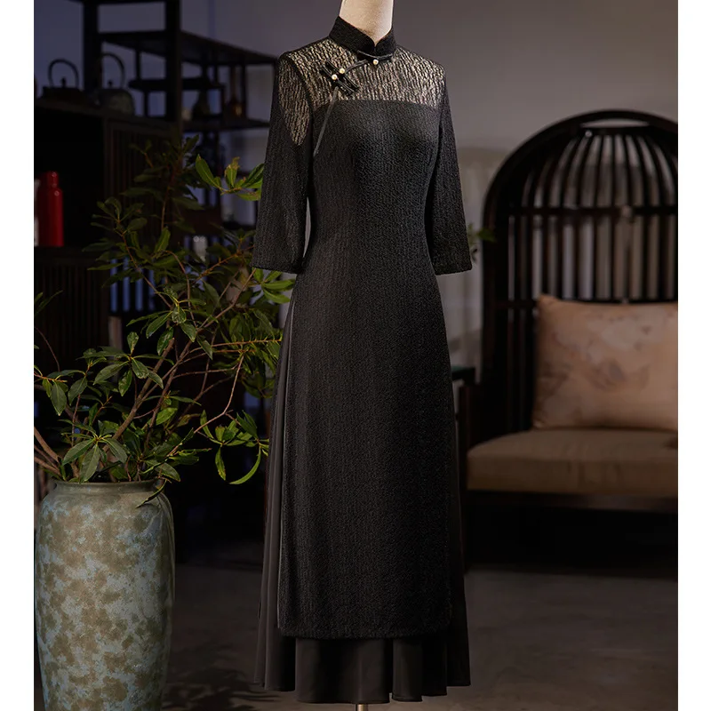 

Tradition Oriental Mandarin Collar Embrodiery Chiffon Aodai Cheongsam Dress Sexy Seven Points Sleeve Women Qipao