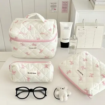Bow Print Makeup Bag for Women, Large Capacity, Portable Cosmetic Case for Travel Toiletries, Cosmetics Storage Bag