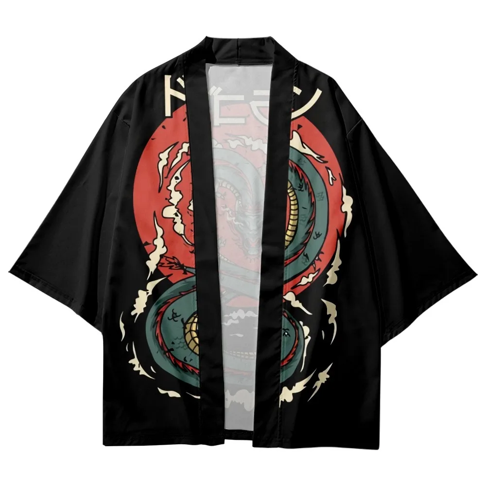 Summer Beach Streetwear Japanese Anime Dragon Print Traditional Kimono Men Women Yukata Cardigan Cosplay Haori Black Coat