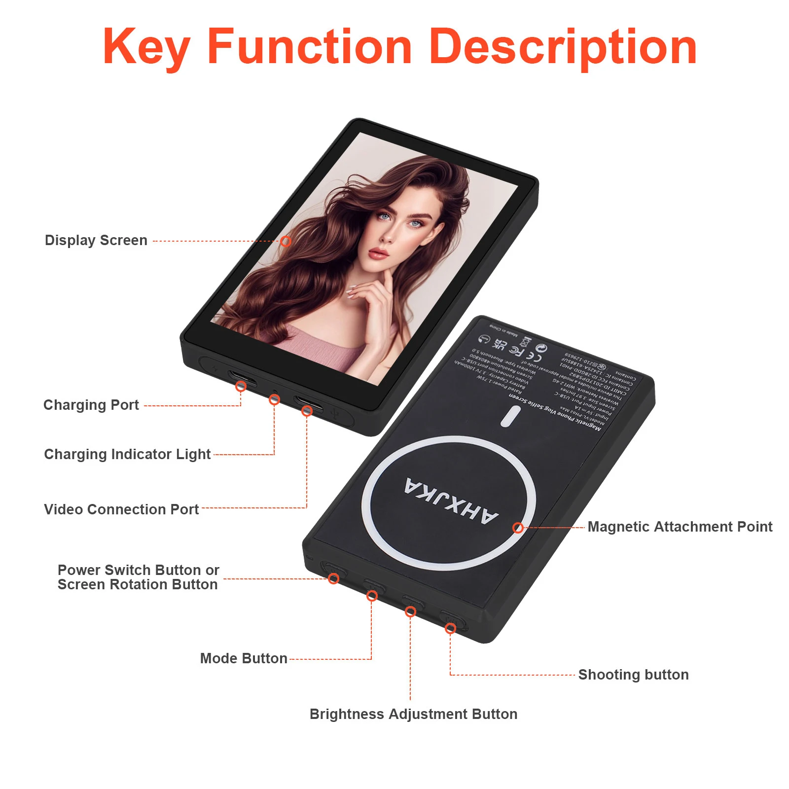 AHXJKA U200 Magnetic Phone Vlog Selfie Screen Monitor for iPhone Android Phones