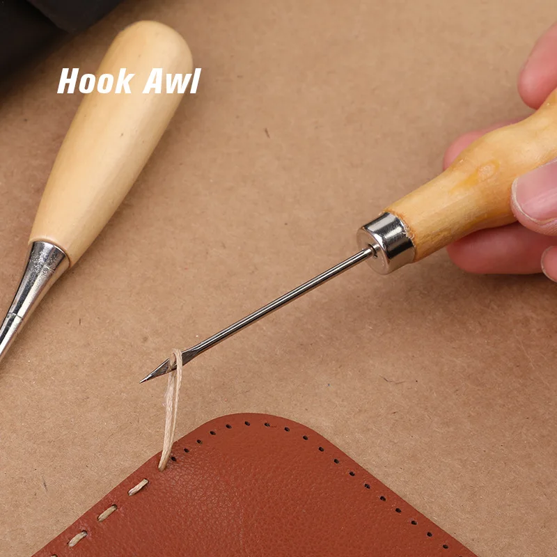 DIY Handmade Leather Sewing Awl Tool Multifunctional Wooden Handle  Leathercraft Needle Hook Stitching Puncher Thread Positioning - AliExpress