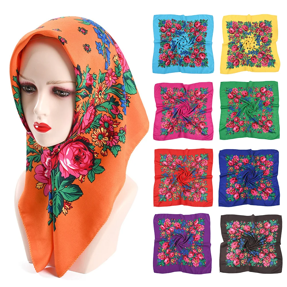 

Scarf For Women Russian Floral Muslim Hijab Headwrap Ethnic Pattern Shawls Square Head Scarves Bandana Flower Small Handkerchief