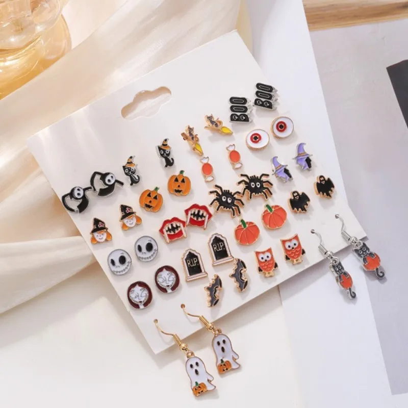20 Pairs Halloween Cartoon Stud Earrings for Women 2024 New Fashion Spider Pumpkin Ghost festive Earrings Fashion Party Jewelry