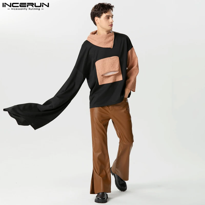 

Fashion Hot Selling Tops INCERUN Handsome Men's Irregular High Neck Sweater Hem Patchwork Pocket Long Sleeved Sweatshirts S-5XL