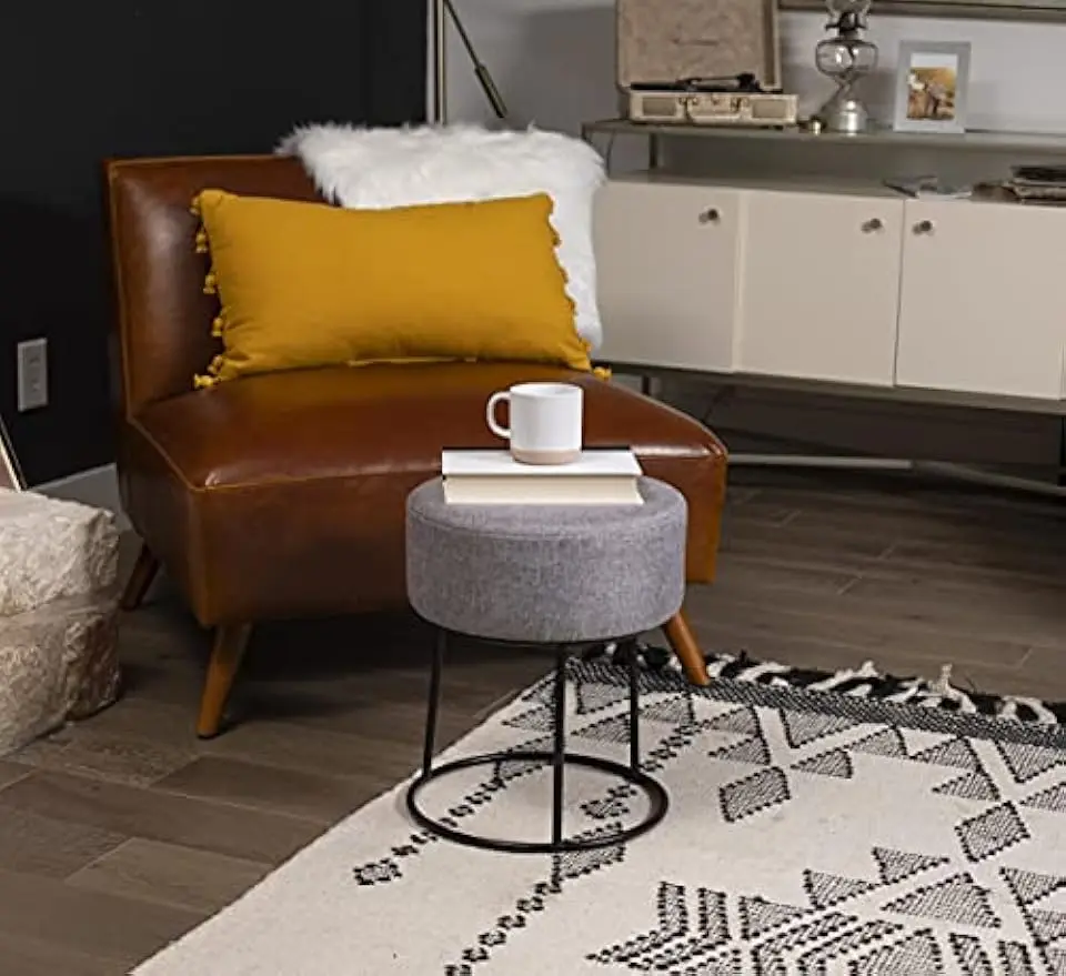 Foot Rest Linen Ottoman - Upholstered Vanity Chair with Black Metal Legs - Soft Padded Round Stool for Living Room, Bedroom