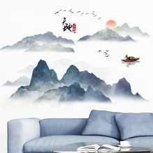 Chiński atrament krajobraz samoprzylepne tapety salon sypialnia biuro badania dekoracyjne tapety tanie tanio CN (pochodzenie) Płaska naklejka ścienna Tradycyjny chiński For Wall Jednoczęściowy pakiet Z tworzywa sztucznego LANDSCAPE
