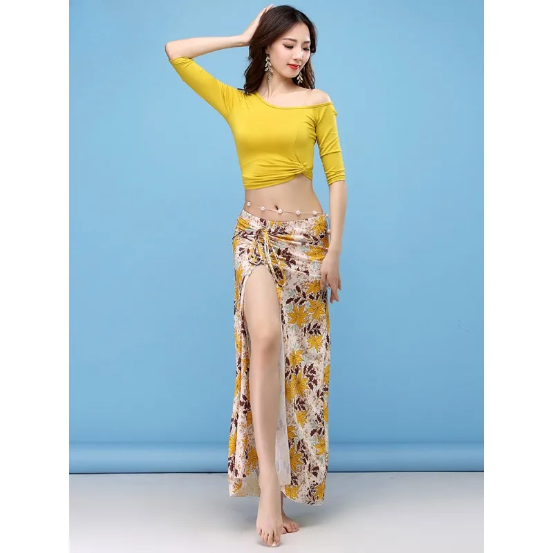 

Belly dance practice suit, sexy printed long skirt, Oriental dance mesh set