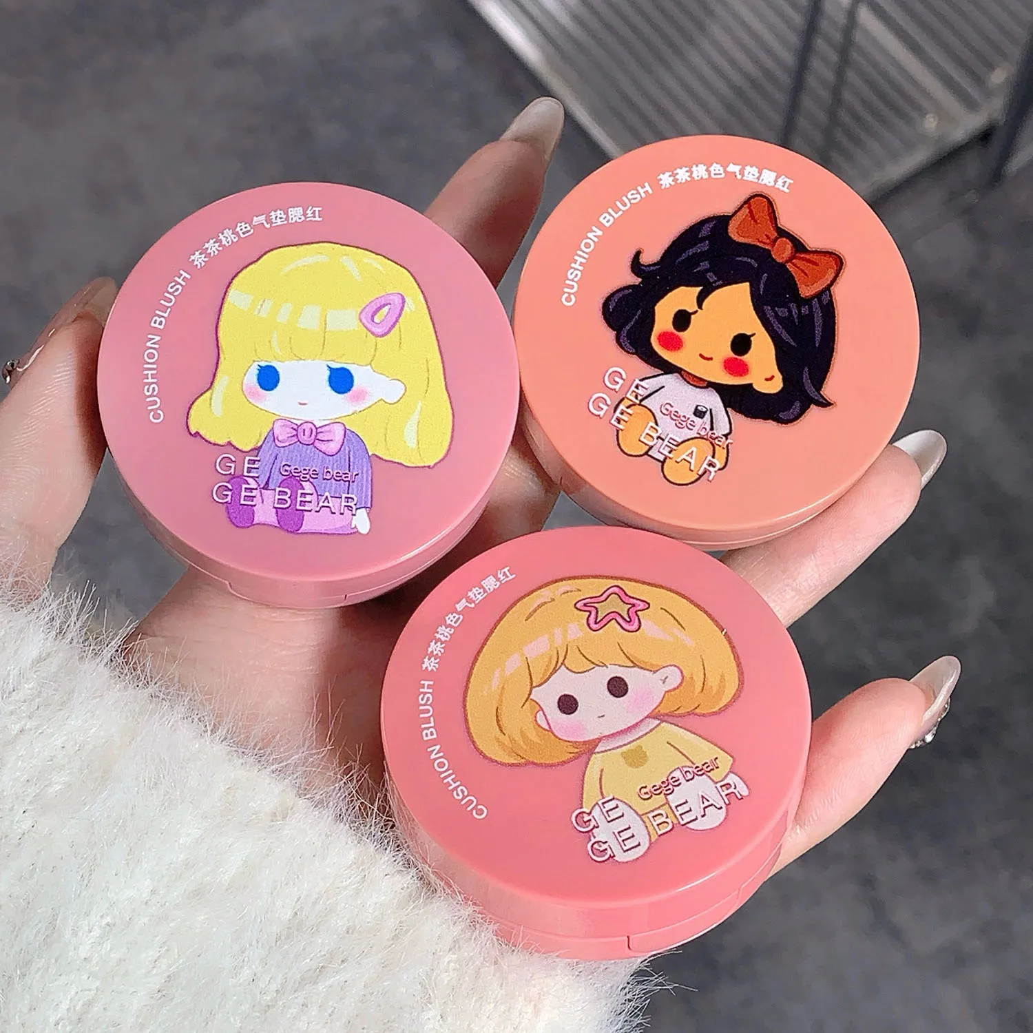 Gege Bear Air Cushion Blush Cream Waterproof Lasting Natural Cream Cheek Tint Blush with Puff Peach Pink Rouge Girl Blush Makeup 4