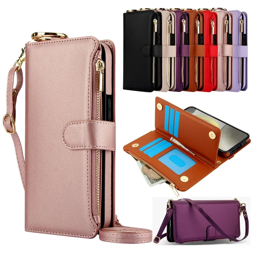 Leather Wallet Case with Ring Lanyard and Card Slots - Zipper Flip Purse Cover