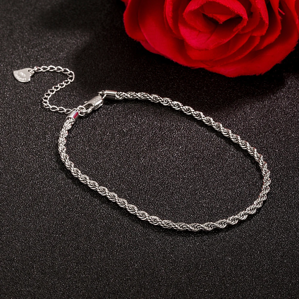 Shining 925 Sterling Silver Chain Anklet for Women Men Fashion Weaving Cross Ankle Bracelet Barefoot Sandals Foot Jewelry Gift 4