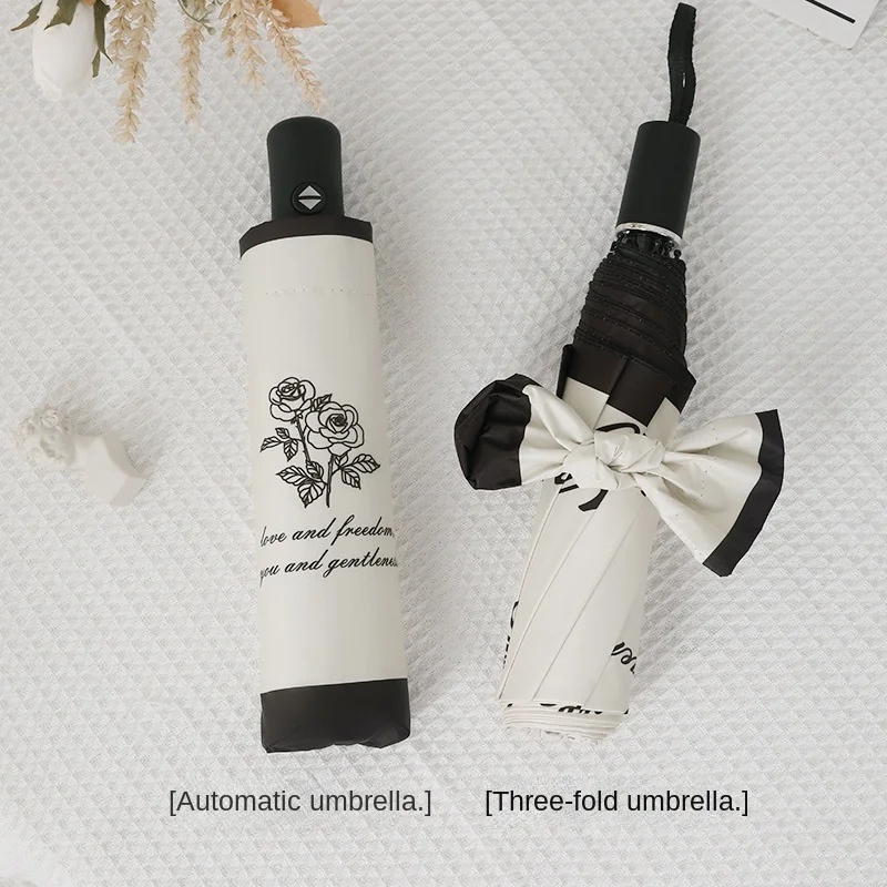 Automatic Three-fold Sunny Umbrella Folding Umbrella Vinyl Anti-UV Sunshade Retro Rose Sun Umbrella