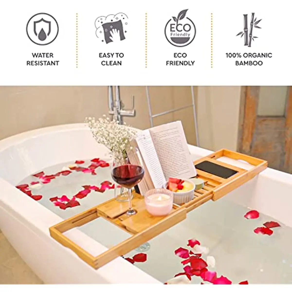 Premium Bamboo Bathtub Tray Expandable Wooden Bath Tray Adjustable Bathroom for Tub Luxury Bath Tub Table Gift Idea for Lov