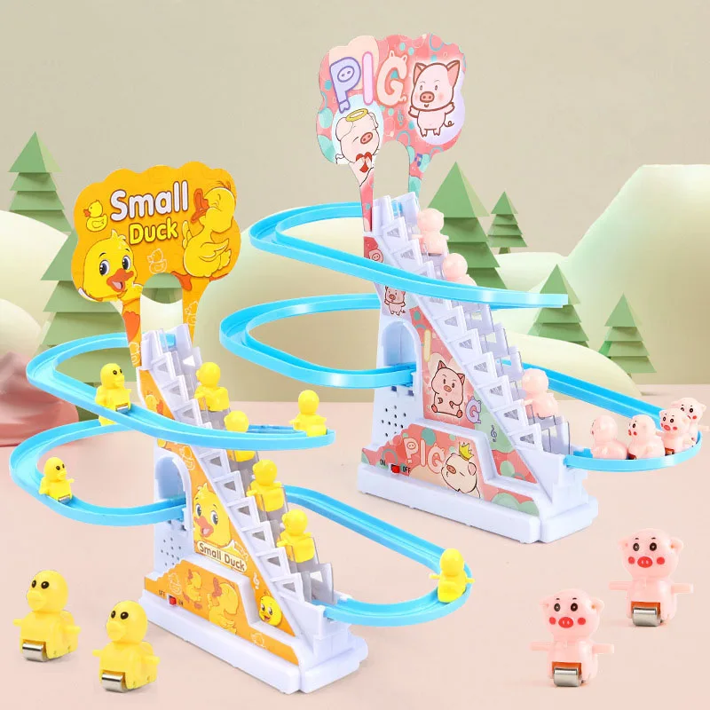 Electric Duck Track Rail Racing Slide Piggy Climbing Stairs Baby Toy LED Lights Musical Slide Roller Coaster Toys For Gift rail racing track toy
