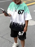 Ensemble 2 pièces pour enfants : T-shirt à manches courtes et short imprimé chiffres 6 et 7, style 'Brainrot' italien amusant, pour garçons 1