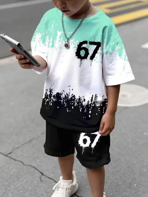 Ensemble 2 pièces pour enfants : T-shirt à manches courtes et short imprimé chiffres 6 et 7, style 'Brainrot' italien amusant, pour garçons 1
