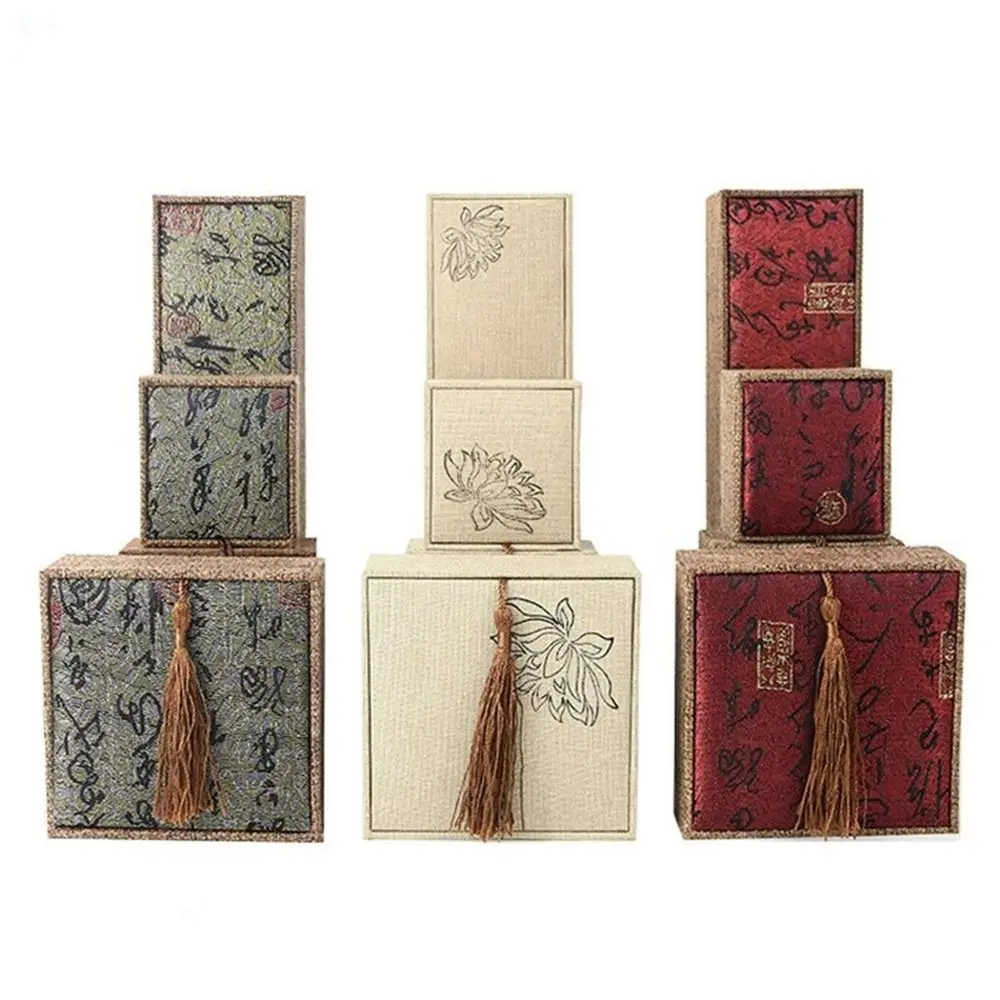 Rectangular Linen Tassel Jewelry Box Chinese Style Embroidered Fabric Necklace Storage Box Calligraphy Lotus 5
