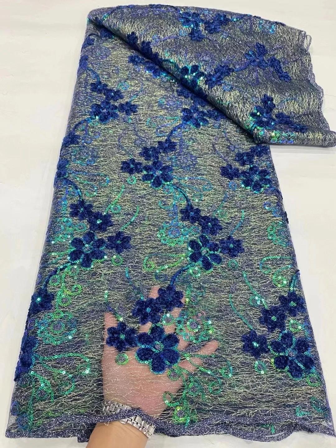

High Quality African GREEN Sequins Lace Fabric Latest Nigeria Tulle Lace Fabric Embroidered Sequence Lace Fabric For Wedding