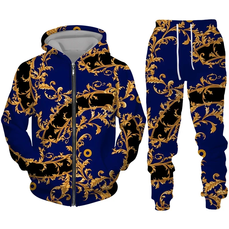 2023 Mode Luxe Keten Serie 3d Print Rits Hoodie Broek Tweedelige Set Hiphop Streetwear Trainingspak Mannen/Vrouwen Kleding Pak