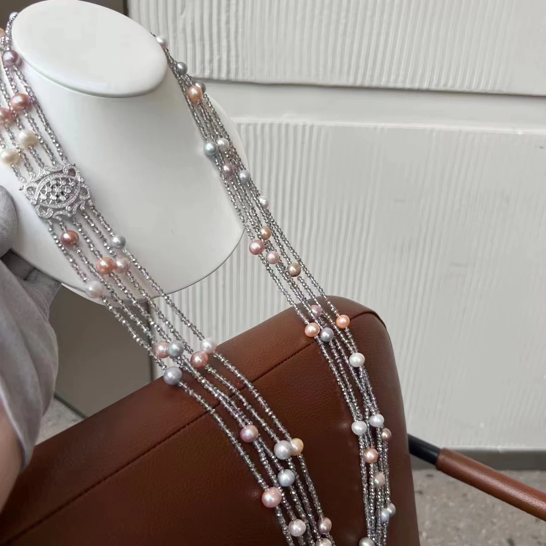 5 Strands Natural Colorful Pearl Gray Faceted Crystal Necklace Handmade Multi Strands Necklace Fashion Jewelry