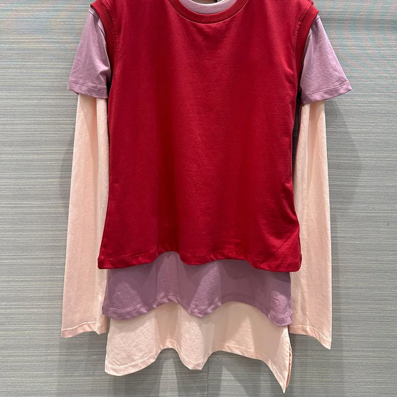 

Women Fashion Contrasting Colors T-shirts 3 Piece Sets Loose O Neck Polo Shirt Top Casual Streetwear Clothes Y2K Multiple Colors