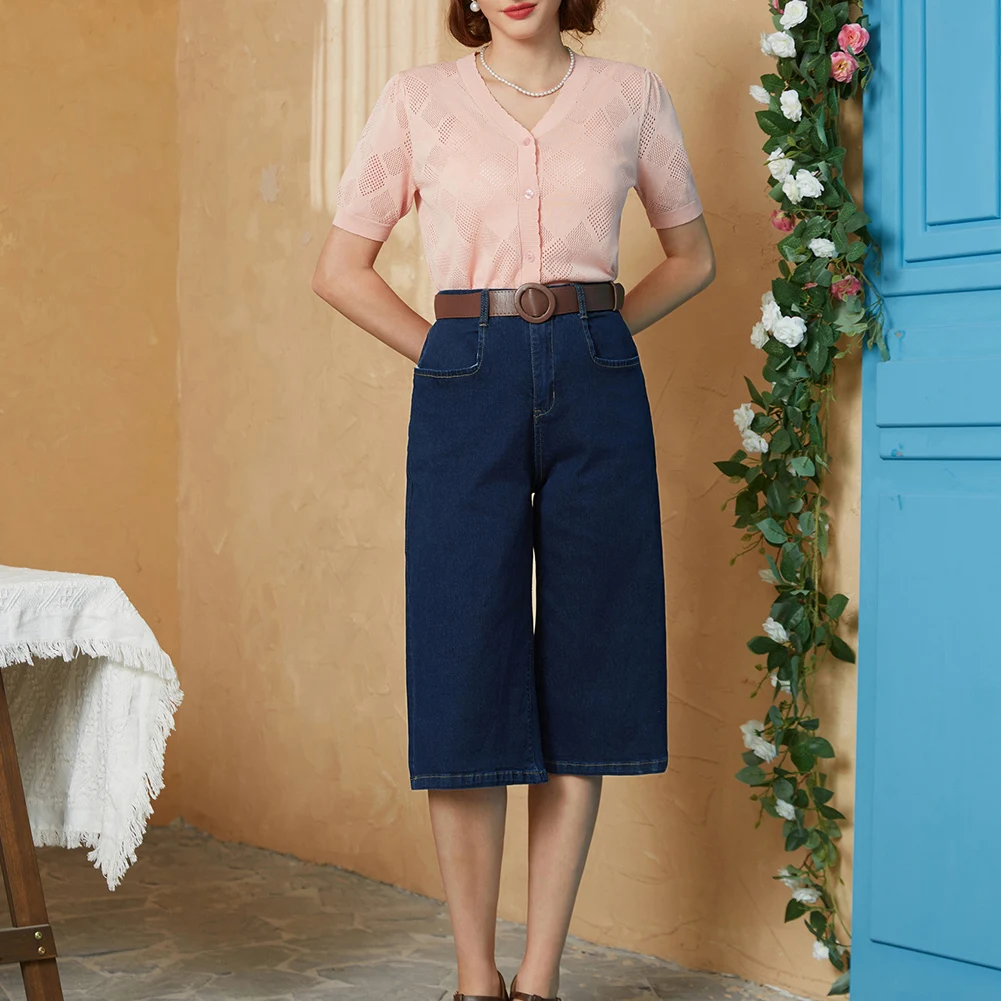 BP Jeans Women Vintage Wide Leg Capri With Belt Elastic-Waist Jean Pants Slimming Fashion Straight Wide Leg Casual Streetwear