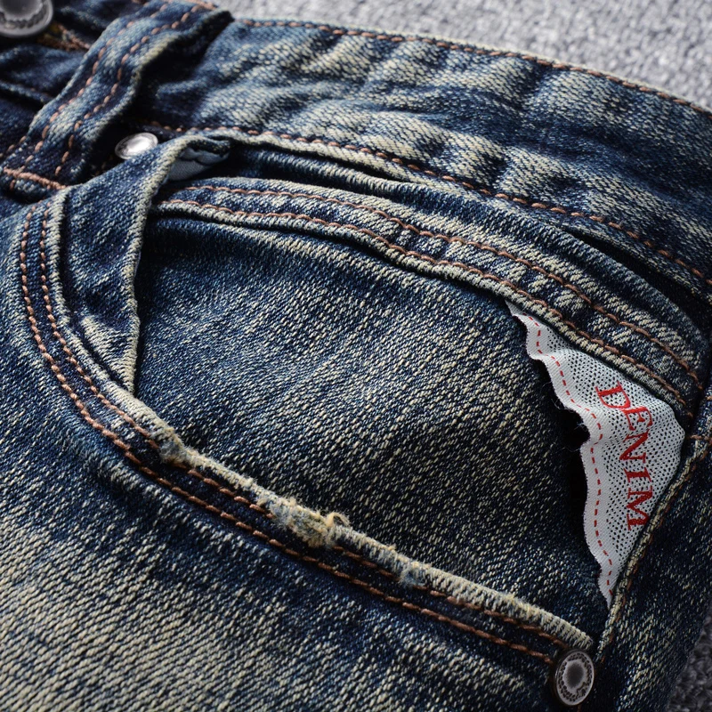 Vintage Fashion Men Jeans Retro Blue Slim Fit Stretch Ripped Jeans Men Embroidery Patchwork Designer Casual Denim Pants Hombre