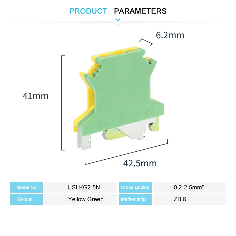 USLKG2.5 Screw Ground DIN Rail Terminal Block Earth Protective Modular UK 2.5mm Wire Electrical Connector USLKG-2.5N 10Pcs