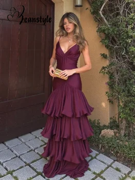 Sexy Solid Ruffles Sling Dress Women Sleeveless Backless Empire V-neck Long Party Dresses Female Spring Chic Lady A-line Robes 1