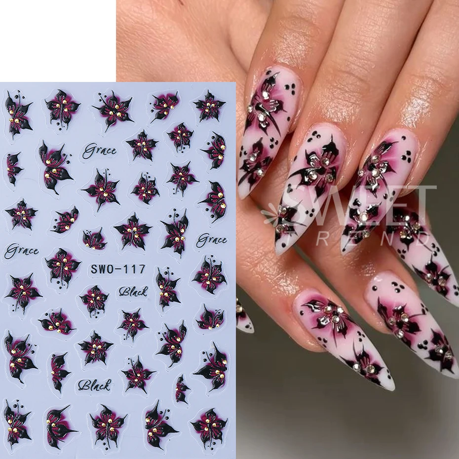 2pcs Hibiscus Flower Nail Art Sticker 3D Floral Textured Decal Y2K Gradient Petal DIY Romantic Self-Adhesive Manicure Decoration